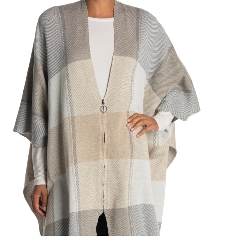 NEW Joseph A Plaid Poncho One Size Neutrals Cotton Blend Full Zip Kimono Sleeve